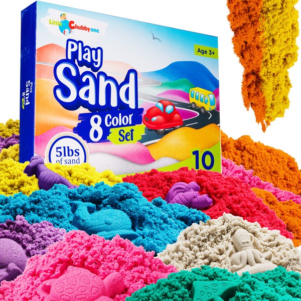 LITTLE CHUBBY ONE 8 Color Kids Play Sand Set - 5 Lbs of Sand - Toy Magic Sand Set - 10 Molds and Tray for Girls and Boys - Ideas for Children Activities Age 2 3 4 5 6 7 8 9 10