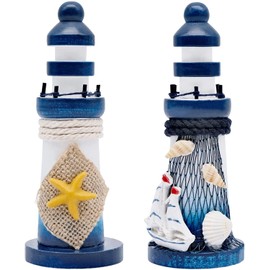 INHEMING Lighthouse, nautical maritime decoration, wooden (blue and white), pack of 2