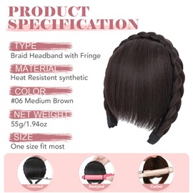 S-noilite Headband with Fringe, Front Hair Bangs Wigs Headband, Synthetic Braided Headband Wig Hair Extensions, Hairpiece, Medium Brown