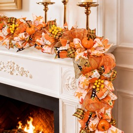 Waipfaru 6 FT Fall Garland for Mantel, Autumn Garland with Pumpkin Ribbon & Berries, Thanksgiving Vine for Table Centerpiece, Fall Party Decor for Fireplace & Modern Farmhouse