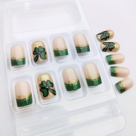 Green Clover Press on Nails Short Square St. Patrick's Day Fake Nails with Shamrock Design Gold Glitter Green French Tip False Nails St Patricks Day Glue on Nails Clover Stick on Nails for Women Girls