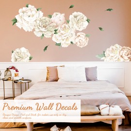 White Peony Wall Decals for Girls Bedroom Vinyl Flower Wall Decals Peel and Stick Floral Wall Stickers for Kids Room Baby Nursery