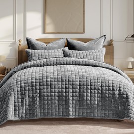 RECYCO Luxury Velvet Quilt Set King Size Bedding Sets, Ultra Soft Velvet Comforter Set, Lightweight Channel Box Stitch Oversized Bedspread Coverlet for All Season, with 2 Shams, Charcoal Gray