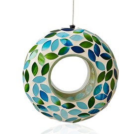 TOYUFREE Mosaic Bird Feeder, Outside Hanging with Round Shape Glass BirdFeeders to Attract More Wild Birds, Mosaic Fly Through for Garden, Yard, Backyard, Deck and Porch Decor, Green 7-Inch