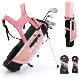 ULTIMATE Junior Complete Golf Club Set, 11-13 Years Old Kids Complete Golf Club Set w/300CC #1 Driver, #5 Hybrid, #7# 9#S Irons & Putter, Versatile Stand Bag, Kids Golf Stand Bag Set with Rain Hood
