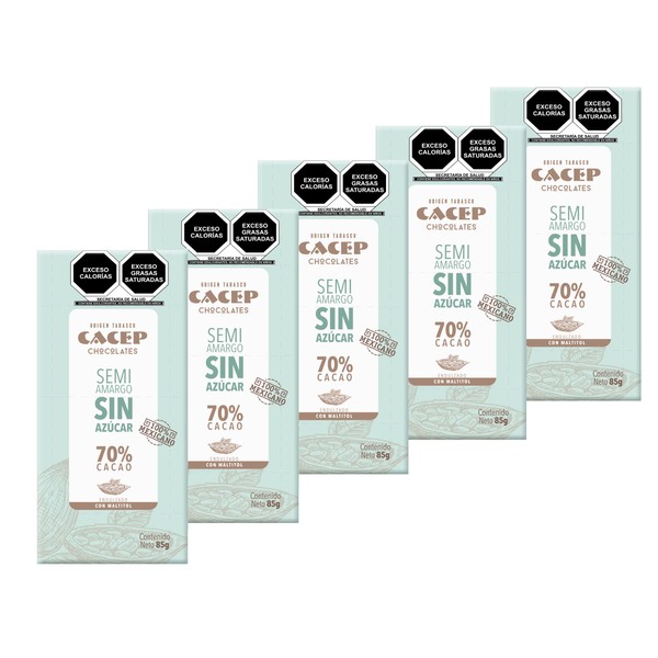 CACEP | Chocolate semi-amargo 70% cacao orgánico SIN AZÚCAR | 5 Pack barras de 100g c/u | Sin lácteos | Vegano | Snack Saludable