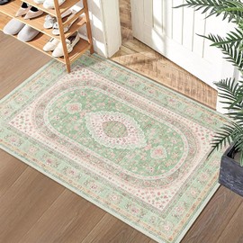 Castage Small Rugs 2x3,Green Rug for Entryway Bathroom Bedroom Kitchen Entrance Doormat,Boho Vintage Bohemian Distressed Washable Oriental Accent Floor Throw Carpet Non Slip,Sage Blush Floral