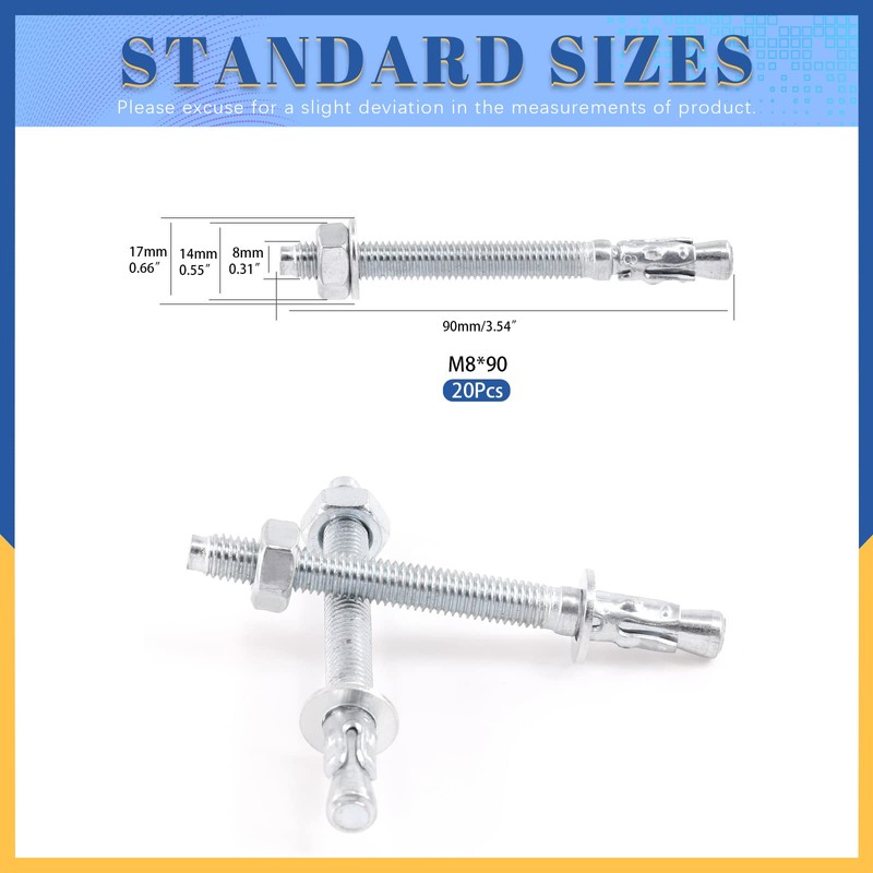 Glarks 20Pcs 5/16" x 3-1/2" Wedge Anchors Zinc Plated Heavy