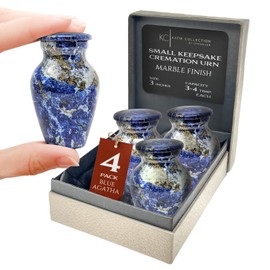 Set of 4 Elegant Marble Style Keepsake Urns – Metal Little Mini Urn for Human Ashes – Secure Screw Top – Small Personal Size – Blue Agate Finish