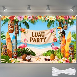 Moukeren Hawaiian Luau Party Decoration, Extra Large Summer Luau Beach Banner Backdrop Background Photography for Birthday Musical Party Tropical Tiki Themed Decoration, 72.8 x 43.3 Inch