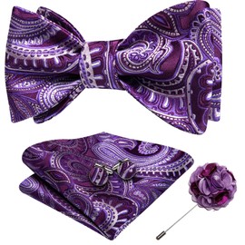 YOHOWA Mens Bow Tie Set with Lapel Pin Brooch Purple White Silk Self Tie Bowtie Handkerchief Cufflinks Formal Wedding Party Prom