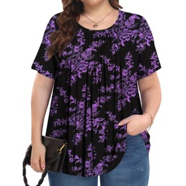 Womens Plus Size Tops Summer Shirts Tunic Short Sleeve Crew Neck Loose Fit Blouse Purple Peony 3X
