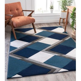 Well Woven Good Vibes Nora Blue Modern Geometric Stripes and Boxes 3'11 x 5'3" 3D Texture Area Rug, 3 ft 11 in x 5 ft 3