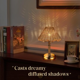 Folux Mini Cordless Boho Rattan Table lamp, 5200-mAh Rechargeable Battery, 3-Level Brightness Dimmable, Build-in Integrated LED 320 Lumen Max, Rattan Shade, for Bedside Restaurant Dining Table