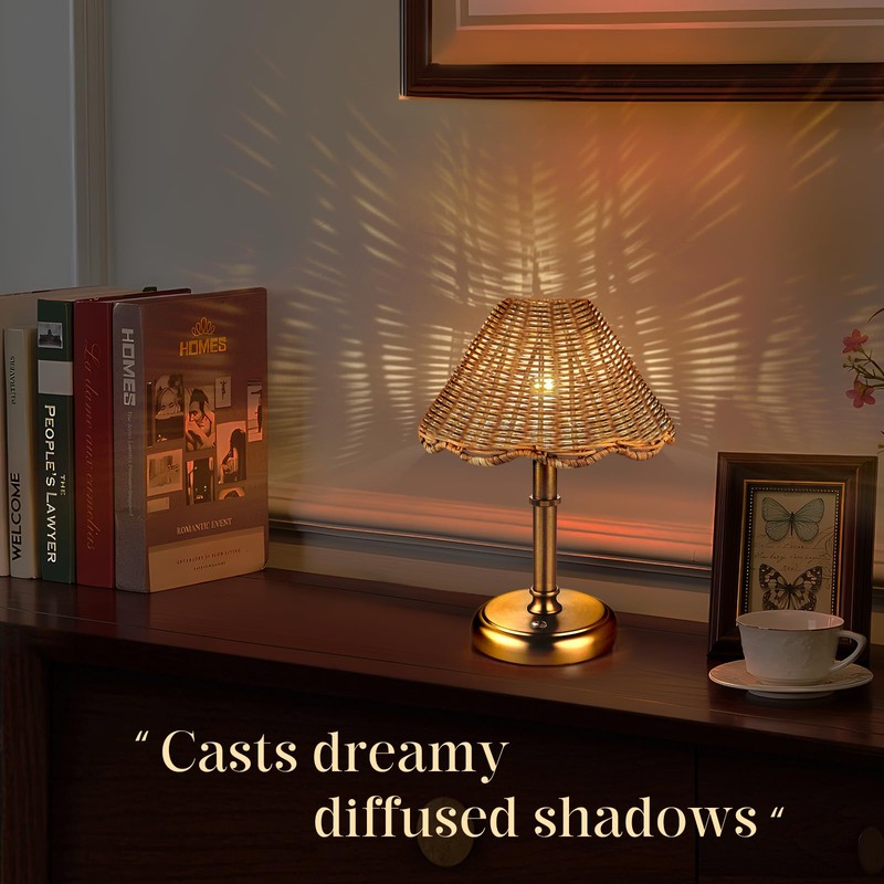 Folux Mini Cordless Boho Rattan Table lamp, 5200-mAh Rechargeable Battery,