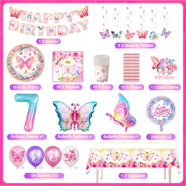 Schmetterling Partygeschirr Set, Schmetterling Geburtstags Deko Mädchen 7 Jahre, Schmetterling Kindergeburtstag Deko, Luftballons Pappteller Tischdecke für Geburtstagsdeko Mädchen Party Dekoration