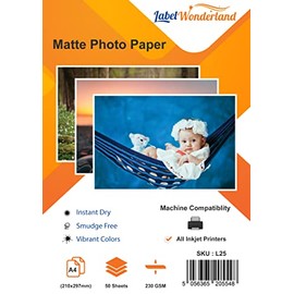 Pack of 50 Matt Photo Paper A4 (210 mm x 297 mm) 230 GSM Inkjet Photo Paper for Canon, HP, Epson LabelWonderland