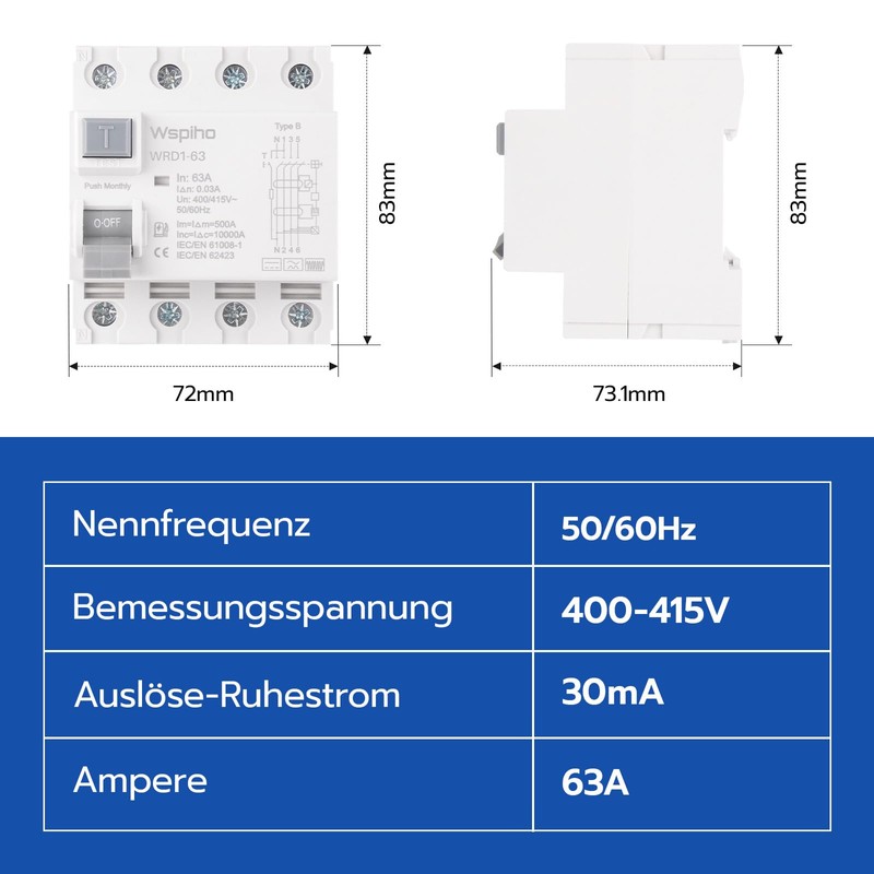 WSPIHO FI Circuit Breaker Type B 63A 30mA 4-Pin RCCB