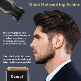 KEMEI Professional Hair Trimmer for Men Cordless, Foil Shaver with Replacement Heads & Nets, Zero Gapped Hair Clippers with T Blade, Electric Head Shavers for Bald Men, KM 2299, KM 1102