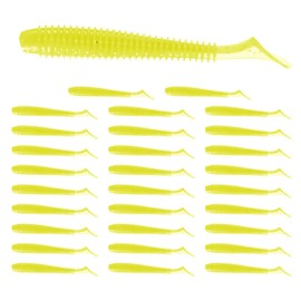 TIXIPEM 2.95" T-Tail Soft Fishing Lures [30-Pack] - Paddle Tail Swim Bait for Bass Trout in Saltwater & Freshwater - Rigged with 1/0 & 2/0 Hooks - Yellow & Durable ABS Plastic