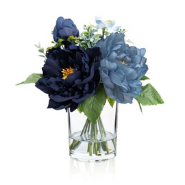 WELL KNOWN Artificial Flowers in Glass Vase with Fake Water, Silk Peony Flower Bouquet for Home Dinning Tea Table, Office Desktop, Hotel, Wedding, Party, Lavatory Decor & Gift (Navy Blue & Light Blue)