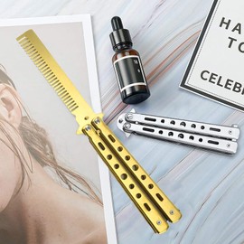 Butterfly Comb, Pack of 2 Butterfly Comb, Stainless Steel Foldable Training Comb, Foldable Pocket Comb, Hair Styling Accessories, Butterfly Comb Beginner, Hair Comb for Hair (Silver + Gold)