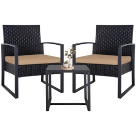 Seogwisam 3 Pieces Patio Furniture Set, Outdoor Wicker Conversation Bistro Set w/ 2 Chairs, 2 Cushions, Glass Coffee Table for Garden Balcony Backyard Porch Lawn - Brown Wicker & White Cushions