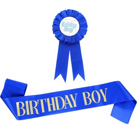 Grevosea Birthday Boy Decorations Set - Includes Boy Sash, Award Ribbon Badge for Kids Party Supplies (Blue)