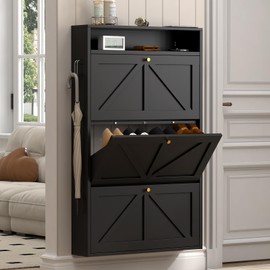STEELIST Modern Enclosed Shoe Rack, 3 Flip Drawer Shoe Storage with Open Top Shelf & Hooks, Slim Wall Mounted Shoe Cabinet for Small Space, Thin Storage for Shoes, Anti-Tip Design, Black