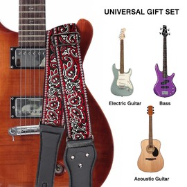Guitar Strap 2" Wide Jacquard Embroidery Guitar Belt Electric Guitar Bass Leather Acoustic Guitar Ernie Ball Strap with Leather Ends 6 Guitar Picks 2 Strap Locks for Guitarists Gift - Red Gray