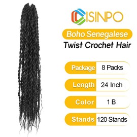 CISINPO Boho Twist Crochet Hair 24 Inch, 8 Packs Wavy Senegalese Twist Crochet Hair with Curly Ends, Black Pre-Looped Pre-Twisted Island Style Goddess Passion Braids (120 Strands, 1B)