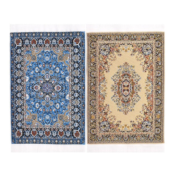 iLAND Miniature Dollhouse Accessories Vintage of Carpet for Dollhouse Furniture on 1/12 Scale and 3” - 12” Dolls, Woven Dollhouse Rugs 6” x 4”(2pcs Brilliance)