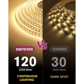 EMITEVER LED Strip Lights Kit Warm White with Remote & 24V Power Supply,16.4ft Dimmable Tape Light 3000K, High Density 600LEDs, 240+LM/FT, CRI95+, UL Listed for Bedroom Kitchen Under Cabinet Lighting