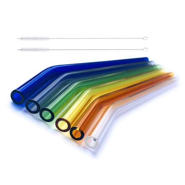 safe2bio Pack of 6 Coloured Premium Glass Straws with 2