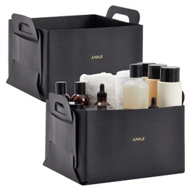 Juvale 2 Pack Faux Leather Foldable Storage Bins with Handles, Collapsible Baskets for Home Organization (Black, 10 x 6.5 In)