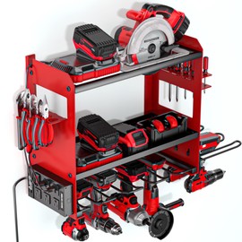 YYR Power Tool Organizer Wall Mount with Charging Station, Cordless Tools Hanger and Battery Storage Rack for Garage Organization, Heavy Duty Drill Holder Shelf Build in Metal Power Strip - Red