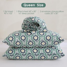 JSD 300 TC Printed Sateen Cotton Sheet Set Queen Size, Green Floral Pattern Bed Sheets Extra Deep Pocket, Sleek Soft Breathable