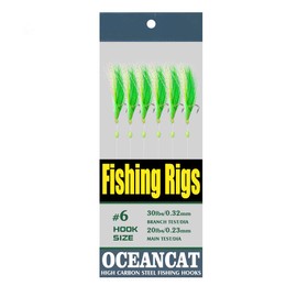 OCEAN CAT Fishing Rigs Saltwater Bait, Feather & Fish Skin 6 String Hooks Fishing Lure Tackle,Red/Green 10 Packs (Green, 1/0#)