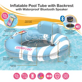 Inspired Living Inflatable Pool Float Lounger Tube with Speaker, Bluetooth 5 IPX7 Waterproof Speaker, Pool & Lake Float with Mesh Bottom for Adults & Kids, Cup Holder, Backrest, Heavy-Duty Handles