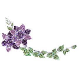 EVER FAITH Women's Austrian Crystal 9 Inch Purple Flowers Green Leaf Long Brooch Silver-Tone