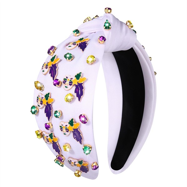 boderier Mardi Gras Headband Jester Feather Mask Jeweled Crystal Embellished