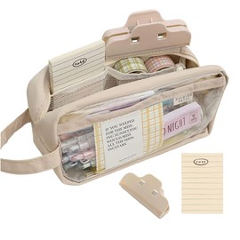 Clear Pencil Pouch Aesthetic School Supplies Large Cute Pencil Case for Girls Preppy Pencil Case Aesthetic (Beige,with Clip & Sticky Note)