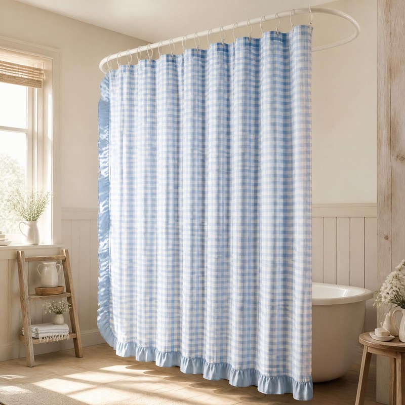 Whaline Gingham Ruffled Shower Curtain 72 x 72 Inch Blue