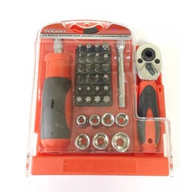 Hyper Tough 34PC Handy Tool Kit with Stubby Ratchet Handle Screw Nut Driver Socket and Bits
