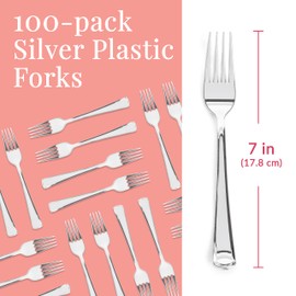 Prestee 100 Silver Plastic Forks Heavy-Duty, Heavyweight Plastic Silverware Forks, Fancy Plastic Cutlery, Elegant Disposable Forks Pack, Bulk Disposable Flatware, Plastic Utensils Set, Forks Plastic