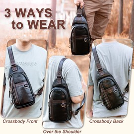 CENUNCO - Geniune Leather Sling Bag for Men Women Crossbody Shoulder Bag Sling Backpack Chest Purse (Black)