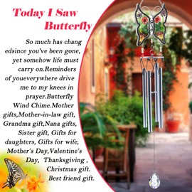 Carillones de viento con mariposas de vidrio, metal real y multicolor, 4 tubos de aluminio, campanilla de viento con ganchos en S, elegante campana para exteriores, jardín, balcón y decoración del