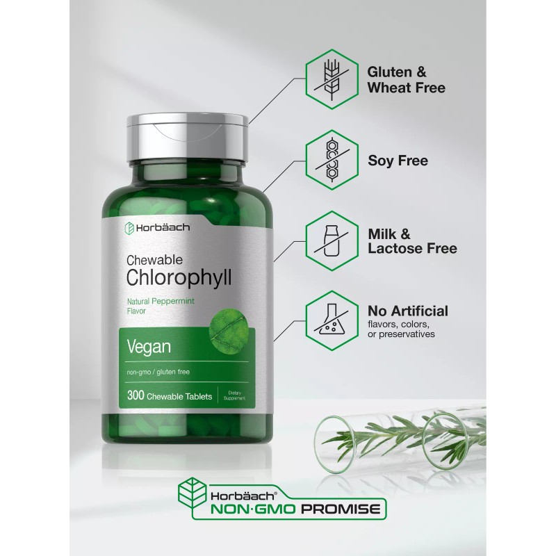 Horbäach Chlorophyll Tablets | 300 Chewables | Peppermint Flavor |