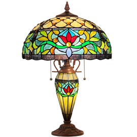 Capulina Tiffany Table Lamp Mother-Daughter Vase 3-Light 16x16x24 Inches Antique Rome Victorian Style Stained Glass Desk Light for Bedrooms Living Room Study Home Office