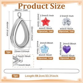 PH PandaHall Locket Necklace Charm Floating Pendants Teardrop Locket Chain Necklaces Glass Lockets Pendant with Heart Flower Glass Cabochon for DIY Wedding Necklace, Stainless Steel Color